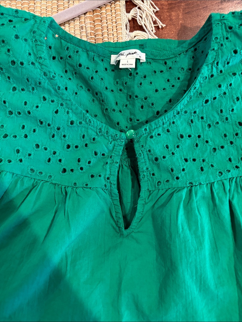 Ultra Pink Green Eyelet Peasant Blouse